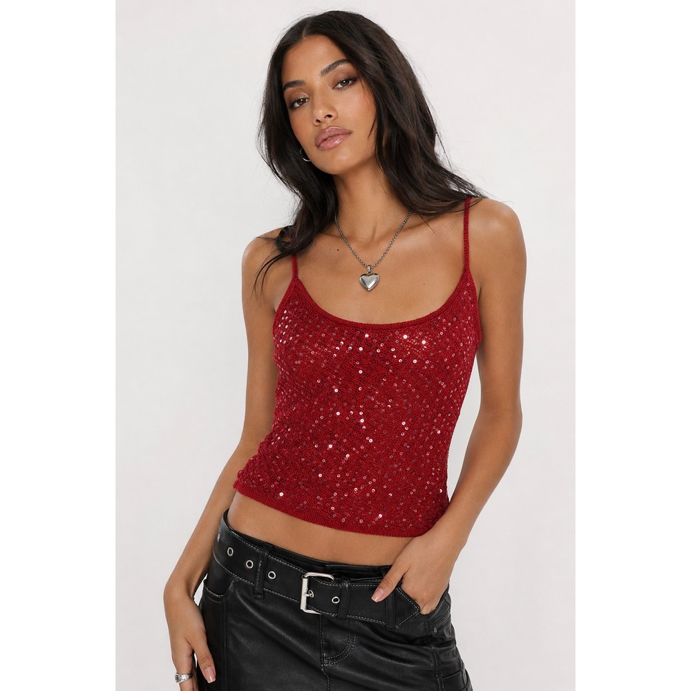 Musera Sequin Knit Camisole‎ Womens Size S Red Sparkly Party Tank Top